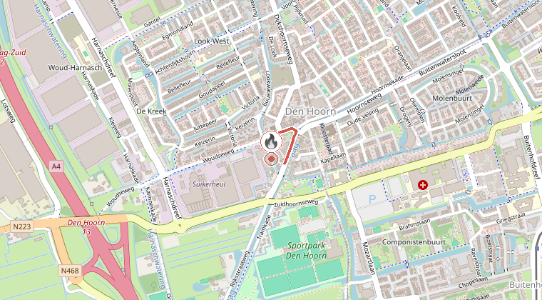 Kaart van de omgeving van de melding, met de kazerne die is gealarmeerd