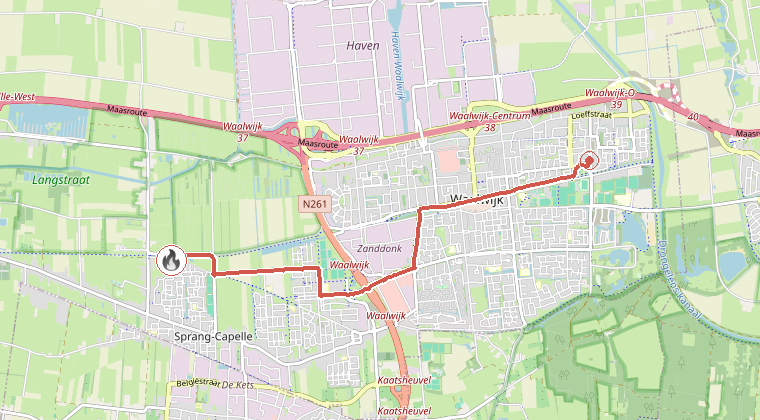 Kaart van de omgeving van de melding, met de kazerne die is gealarmeerd