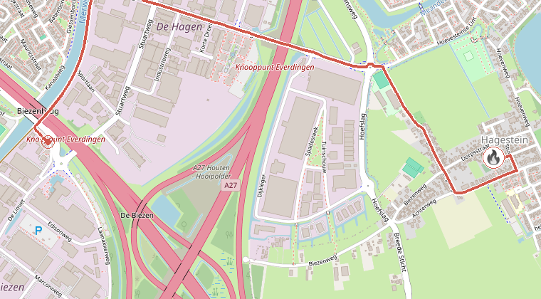Kaart van de omgeving van de melding, met de kazerne die is gealarmeerd