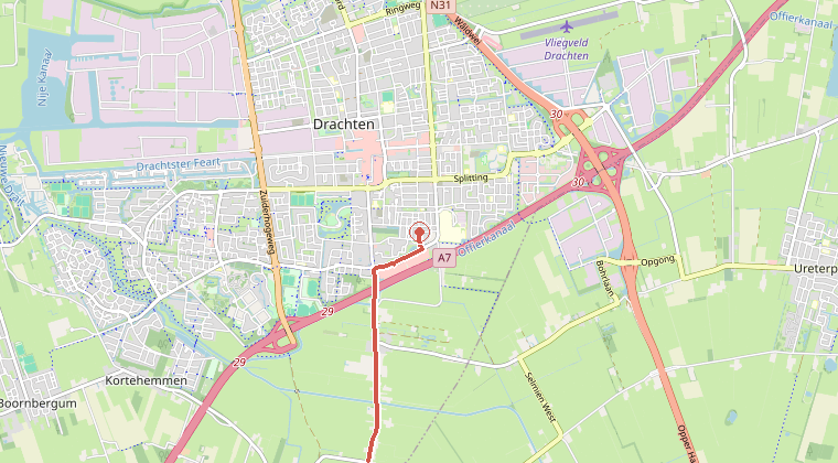 Kaart van de omgeving van de melding, met de kazerne die is gealarmeerd