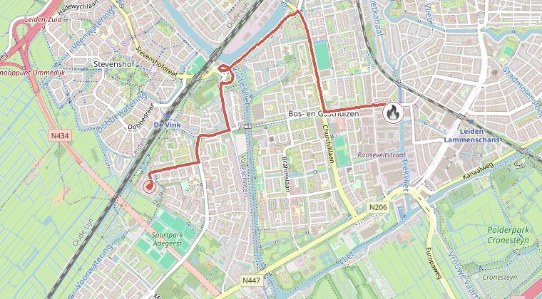 Kaart van de omgeving van de melding, met de kazerne die is gealarmeerd