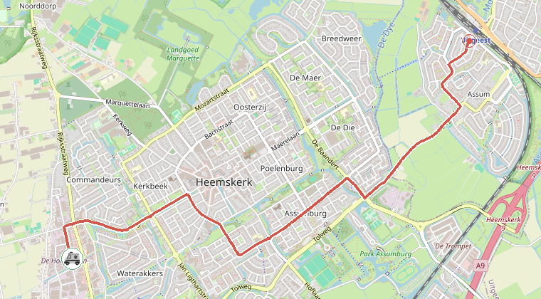 Kaart van de omgeving van de melding, met de kazerne die is gealarmeerd