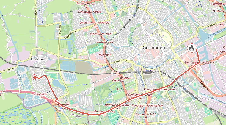 Kaart van de omgeving van de melding, met de kazerne die is gealarmeerd
