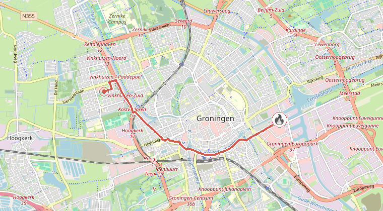 Kaart van de omgeving van de melding, met de kazerne die is gealarmeerd