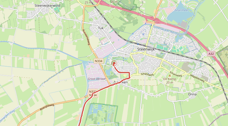Kaart van de omgeving van de melding, met de kazerne die is gealarmeerd
