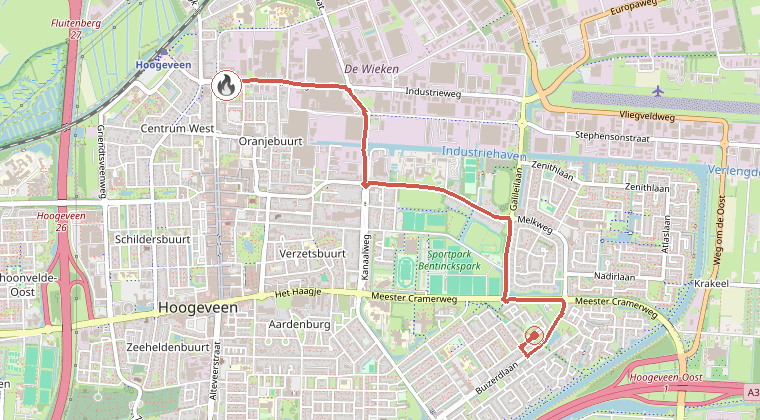 Kaart van de omgeving van de melding, met de kazerne die is gealarmeerd