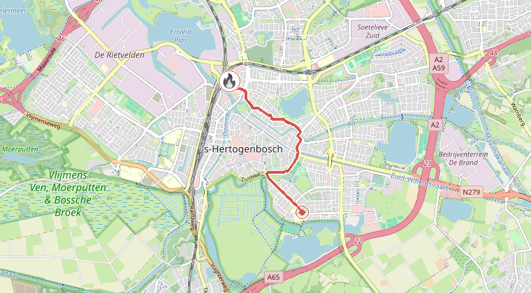 Kaart van de omgeving van de melding, met de kazerne die is gealarmeerd