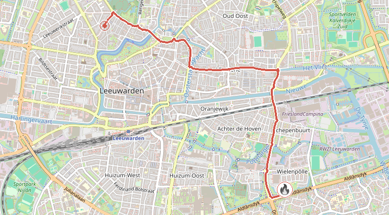 Kaart van de omgeving van de melding, met de kazerne die is gealarmeerd
