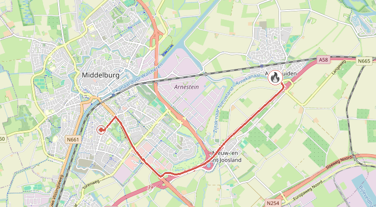 Kaart van de omgeving van de melding, met de kazerne die is gealarmeerd