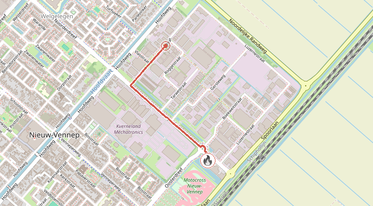 Kaart van de omgeving van de melding, met de kazerne die is gealarmeerd