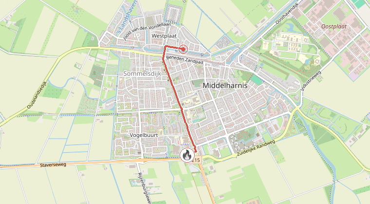 Kaart van de omgeving van de melding, met de kazerne die is gealarmeerd