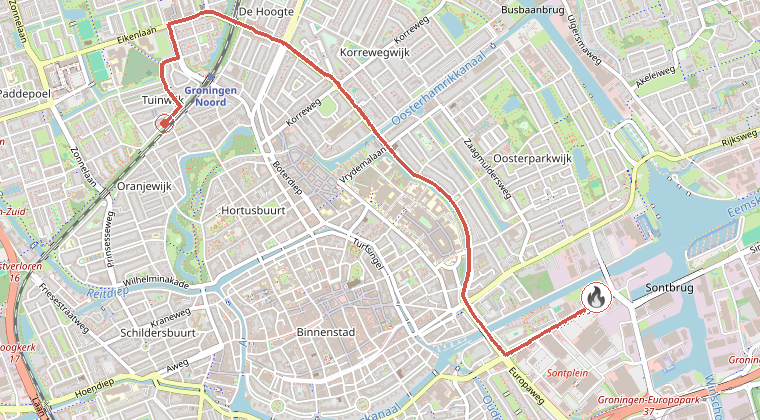Kaart van de omgeving van de melding, met de kazerne die is gealarmeerd