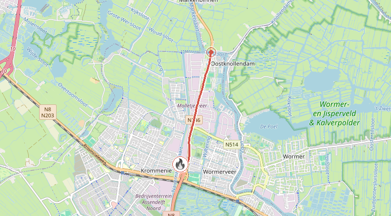 Kaart van de omgeving van de melding, met de kazerne die is gealarmeerd