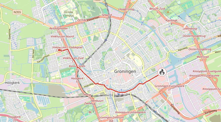 Kaart van de omgeving van de melding, met de kazerne die is gealarmeerd