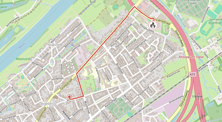 Kaart van de omgeving van de melding, met de kazerne die is gealarmeerd