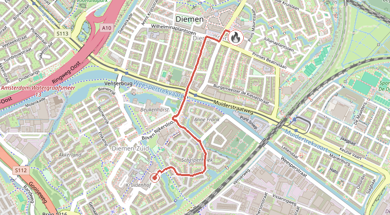 Kaart van de omgeving van de melding, met de kazerne die is gealarmeerd