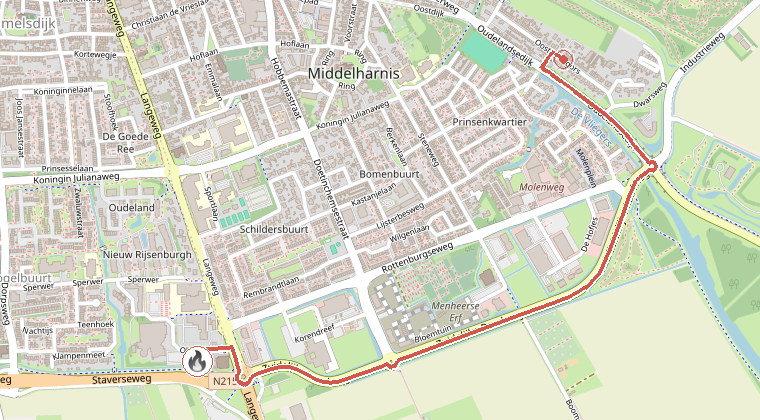 Kaart van de omgeving van de melding, met de kazerne die is gealarmeerd