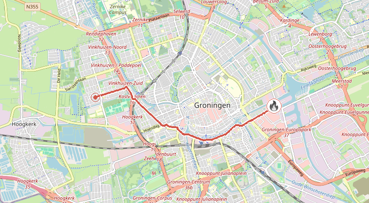 Kaart van de omgeving van de melding, met de kazerne die is gealarmeerd