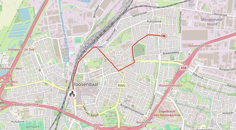 Kaart van de omgeving van de melding, met de kazerne die is gealarmeerd