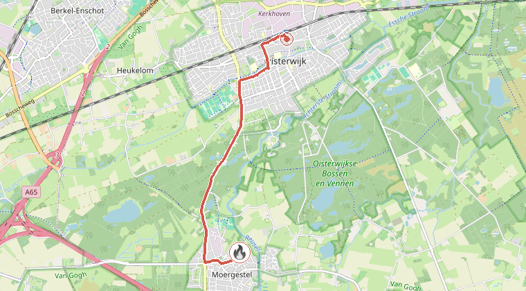 Kaart van de omgeving van de melding, met de kazerne die is gealarmeerd