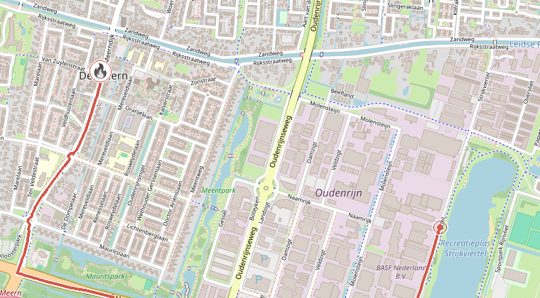 Kaart van de omgeving van de melding, met de kazerne die is gealarmeerd