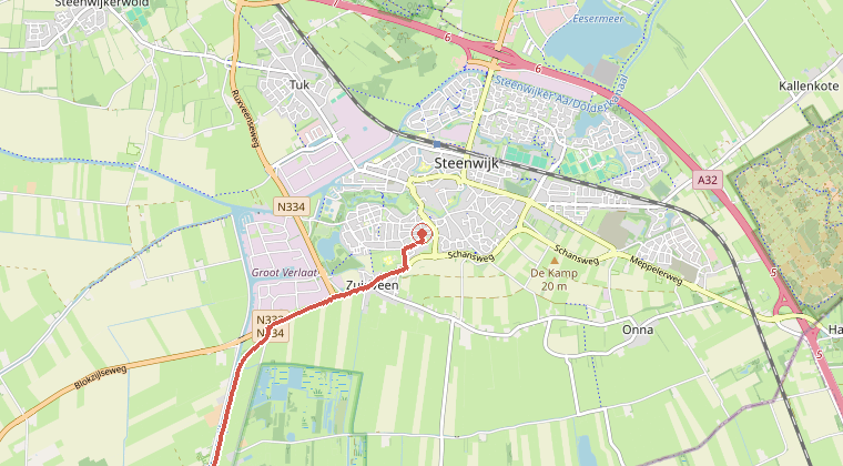 Kaart van de omgeving van de melding, met de kazerne die is gealarmeerd