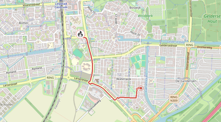 Kaart van de omgeving van de melding, met de kazerne die is gealarmeerd