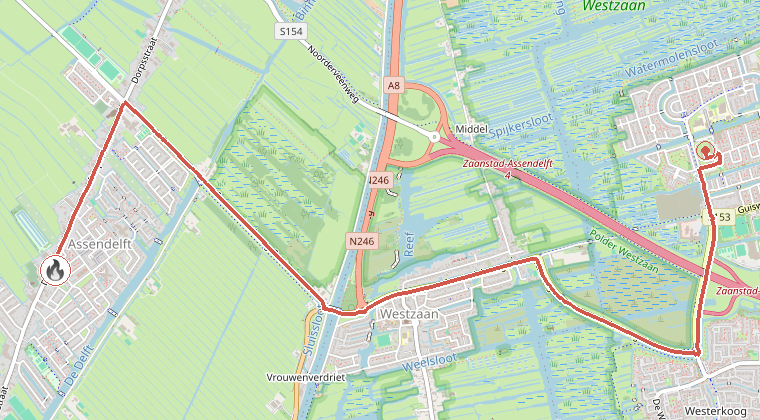 Kaart van de omgeving van de melding, met de kazerne die is gealarmeerd