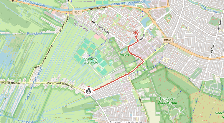 Kaart van de omgeving van de melding, met de kazerne die is gealarmeerd