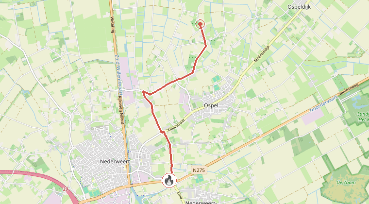 Kaart van de omgeving van de melding, met de kazerne die is gealarmeerd