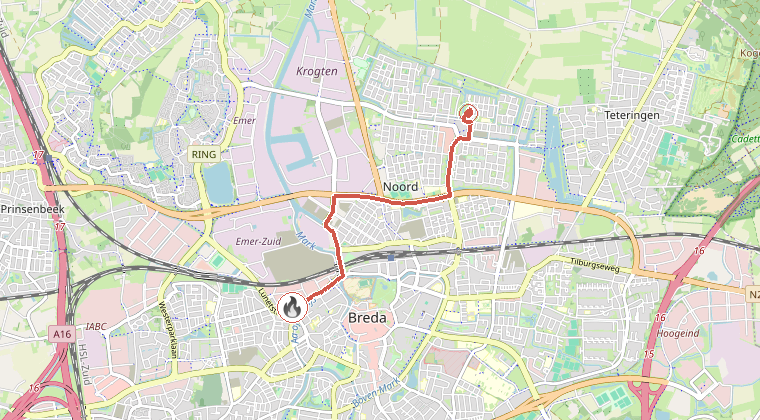 Kaart van de omgeving van de melding, met de kazerne die is gealarmeerd