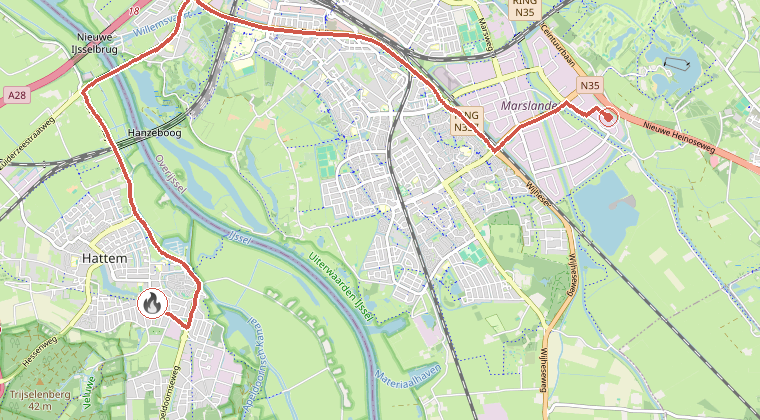 Kaart van de omgeving van de melding, met de kazerne die is gealarmeerd