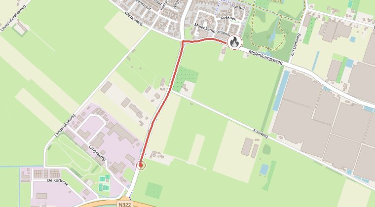 Kaart van de omgeving van de melding, met de kazerne die is gealarmeerd