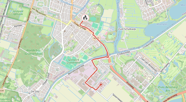 Kaart van de omgeving van de melding, met de kazerne die is gealarmeerd