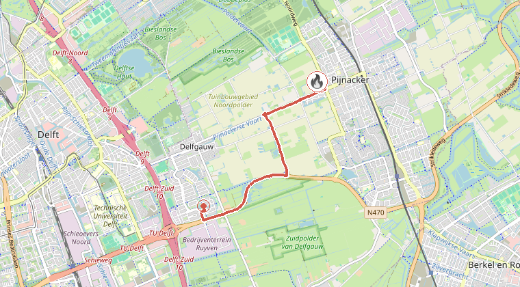 Kaart van de omgeving van de melding, met de kazerne die is gealarmeerd