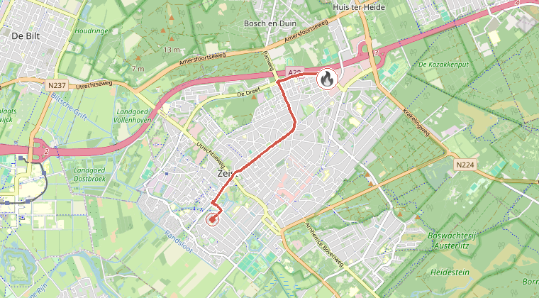 Kaart van de omgeving van de melding, met de kazerne die is gealarmeerd