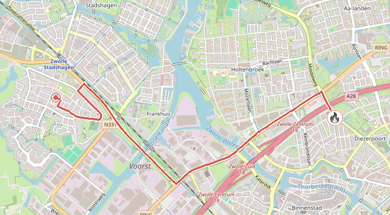 Kaart van de omgeving van de melding, met de kazerne die is gealarmeerd