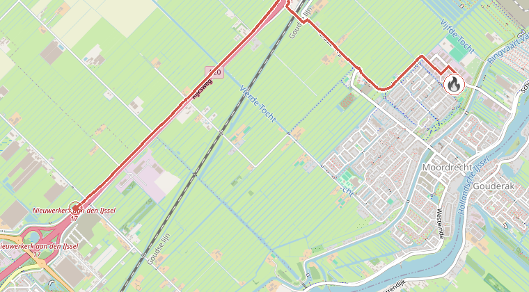 Kaart van de omgeving van de melding, met de kazerne die is gealarmeerd