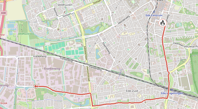 Kaart van de omgeving van de melding, met de kazerne die is gealarmeerd