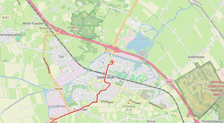 Kaart van de omgeving van de melding, met de kazerne die is gealarmeerd