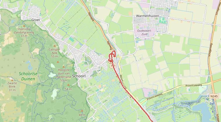 Kaart van de omgeving van de melding, met de kazerne die is gealarmeerd