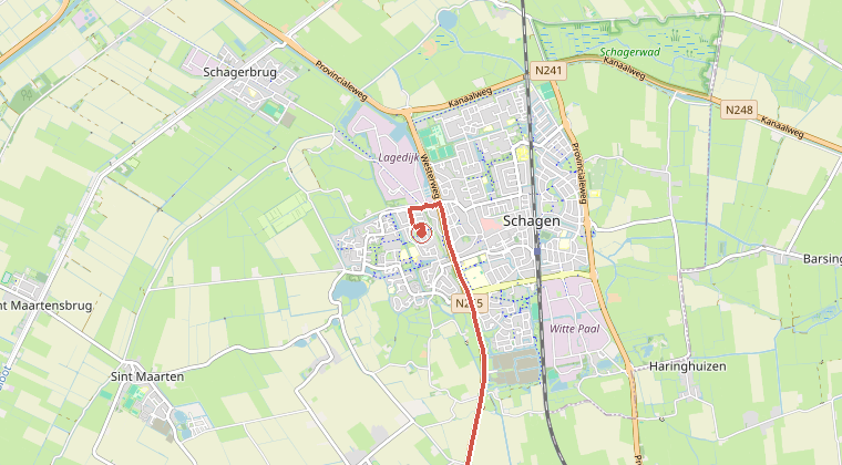 Kaart van de omgeving van de melding, met de kazerne die is gealarmeerd
