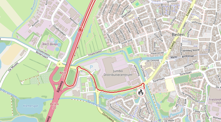 Kaart van de omgeving van de melding, met de kazerne die is gealarmeerd