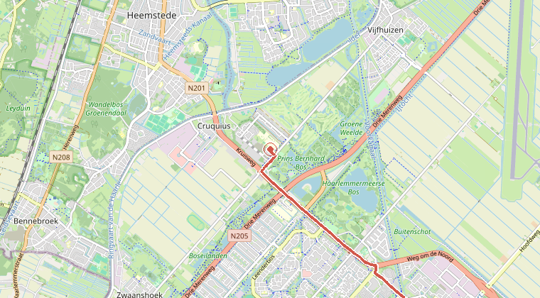 Kaart van de omgeving van de melding, met de kazerne die is gealarmeerd