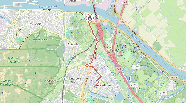 Kaart van de omgeving van de melding, met de kazerne die is gealarmeerd