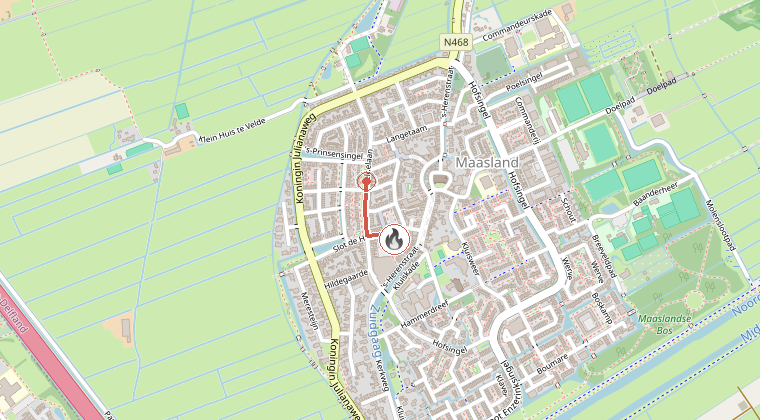 Kaart van de omgeving van de melding, met de kazerne die is gealarmeerd