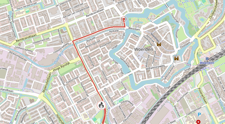Kaart van de omgeving van de melding, met de kazerne die is gealarmeerd