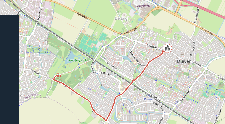 Kaart van de omgeving van de melding, met de kazerne die is gealarmeerd
