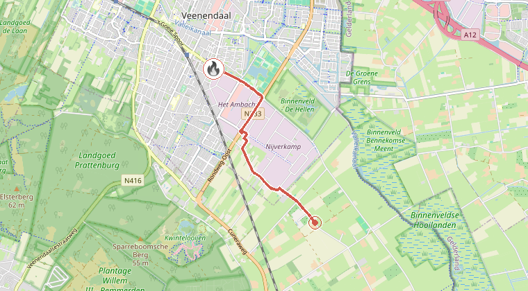 Kaart van de omgeving van de melding, met de kazerne die is gealarmeerd