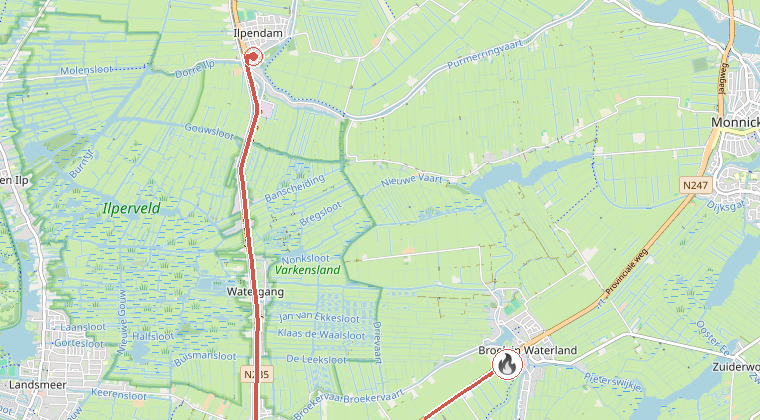 Kaart van de omgeving van de melding, met de kazerne die is gealarmeerd
